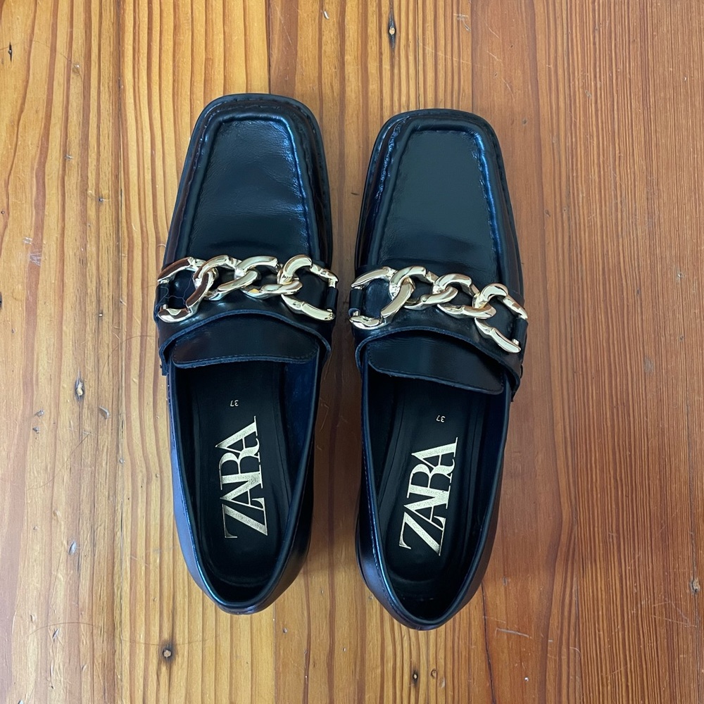 Zara Square Toe Chain Trim Leather Loafer